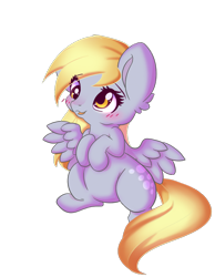 Size: 798x1030 | Tagged: safe, artist:miniaru, imported from derpibooru, derpy hooves, pegasus, pony, blushing, chibi, cute, derpabetes, female, mare, open mouth, simple background, smiling, solo, spread wings, transparent background, wings