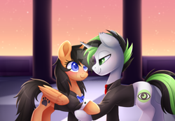 Size: 1280x884 | Tagged: safe, artist:scarlet-spectrum, imported from derpibooru, oc, oc only, oc:plush ramen, pony, clothes, commission, female, male, oc x oc, shipping, smiling, straight