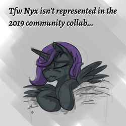 Size: 1080x1080 | Tagged: safe, artist:bigrigs, edit, editor:apex soundwave, imported from derpibooru, oc, oc only, oc:nyx, alicorn, pony, alicorn oc, caption, crying, image macro, solo, text, tfw