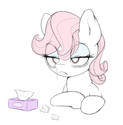 Size: 656x668 | Tagged: safe, artist:lyrabop, imported from derpibooru, oc, oc only, oc:lyrabop, earth pony, pony, bags under eyes, eyeshadow, makeup, runny nose, simple background, solo, tired, tissue, tissue box, white background