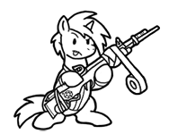 Size: 188x150 | Tagged: safe, artist:crazyperson, imported from derpibooru, pony, unicorn, fallout equestria, fallout equestria: commonwealth, black and white, duct tape, fanfic art, generic pony, grayscale, gun, monochrome, picture for breezies, rifle, simple background, squatting, tongue out, transparent background, weapon