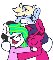 Size: 800x910 | Tagged: safe, artist:threetwotwo32232, imported from derpibooru, oc, oc:fizzy pop, oc:mints, oc:nootaz, earth pony, pony, unicorn, female, hug, mare