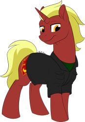 Size: 1113x1602 | Tagged: safe, artist:mythpony, imported from derpibooru, oc, oc only, oc:firebrand, pony, unicorn, clothes, looking down, male, pockets, simple background, smiling, solo, stallion, transparent background