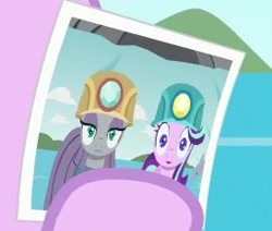 Size: 273x231 | Tagged: safe, imported from derpibooru, screencap, maud pie, starlight glimmer, earth pony, pony, unicorn, rock solid friendship, cropped, hard hat, helmet, mining helmet, picture