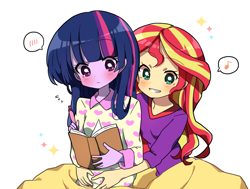 Size: 1182x894 | Tagged: safe, artist:lotte, imported from derpibooru, sunset shimmer, twilight sparkle, equestria girls, anime, blushing, book, clothes, female, hug, hug from behind, lesbian, pajamas, reading, shipping, simple background, slumber party, sunsetsparkle, white background