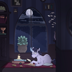 Size: 1024x1024 | Tagged: safe, artist:torielity, imported from derpibooru, oc, oc only, pony, unicorn, book, bookshelf, candle, inkwell, moon, quill, solo, stars, window, writing