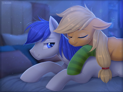 Size: 1200x900 | Tagged: safe, artist:scheadar, imported from derpibooru, applejack, oc, oc:constance everheart, earth pony, pony, bed, canon x oc, clothes, everjack, eyes closed, female, floppy ears, freckles, male, mare, night, pillow, shipping, smiling, socks, stallion, straight, striped socks