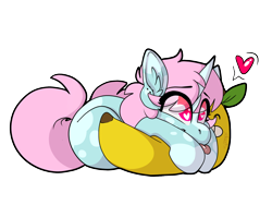 Size: 1600x1200 | Tagged: safe, artist:spoopygander, imported from derpibooru, oc, oc only, oc:scoops, pony, unicorn, :p, banana, cuddling, cute, ear fluff, female, food, heart, heart eyes, leaf, looking up, mare, markings, mlem, plushie, silly, smiling, solo, tongue out, wingding eyes