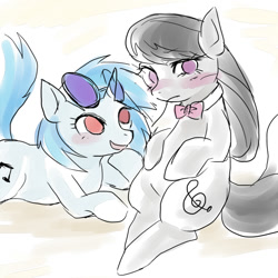 Size: 630x630 | Tagged: safe, artist:hanada, imported from derpibooru, dj pon-3, octavia melody, vinyl scratch, earth pony, pony, unicorn, blushing, female, lesbian, mare, open mouth, scratchtavia, shipping