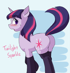 Size: 627x657 | Tagged: safe, artist:hanada, imported from derpibooru, twilight sparkle, pony, unicorn, blushing, butt, clothes, female, looking back, mare, open mouth, pixiv, plot, socks, solo, sweat, thigh highs, twibutt, unicorn twilight