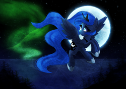 Size: 3508x2480 | Tagged: artist needed, source needed, safe, imported from derpibooru, princess luna, alicorn, pony, aurora borealis, female, flying, moon, sky, solo, stars, tree