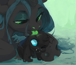 Size: 2351x1999 | Tagged: safe, artist:graypillow, imported from derpibooru, queen chrysalis, changeling, changeling queen, annoyed, behaving like a cat, catling, cheek fluff, cleaning, cute, cutealis, cuteling, fangs, female, fluffy, frown, green tongue, licking, lidded eyes, looking up, mommy chrissy, motherly love, one eye closed, prone, sitting, tongue out, weapons-grade cute, wink