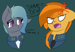 Size: 6000x4200 | Tagged: safe, artist:feelingpandy, imported from derpibooru, oc, oc only, oc:dew, oc:pumpkin spice, bat pony, pony, fallout equestria, absurd resolution, angry, bat pony oc, bust, clothes, cross-popping veins, fanfic, fanfic art, fangs, female, gradient mane, jumpsuit, mare, open mouth, sad face, silly, simple background, teary eyes, text, vault suit, white eyes, yelling