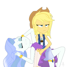 Size: 3824x3546 | Tagged: safe, artist:ilaria122, imported from derpibooru, oc, oc:applemel, oc:sapphire blue, human, equestria girls, applejack's hat, bedroom eyes, belt, bracelet, clothes, cowboy hat, denim jacket, drama queen, dress, eyes closed, eyeshadow, hat, jewelry, makeup, miniskirt, necklace, next generation, offspring, parent:applejack, parent:caramel, parent:fancypants, parent:rarity, parents:carajack, parents:raripants, short hair, simple background, skirt, sleeveless, stetson, transparent background