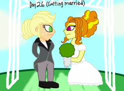 Size: 1800x1319 | Tagged: safe, artist:bigpurplemuppet99, imported from derpibooru, adagio dazzle, applejack, equestria girls, 30 day otp challenge, clothes, dazzlejack, dress, female, lesbian, marriage, shipping, wedding, wedding dress