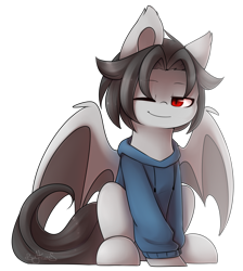 Size: 1438x1603 | Tagged: safe, artist:sunflower-s, imported from derpibooru, oc, oc only, bat pony, pony, bat pony oc, clothes, commission, eyes closed, male, one eye closed, signature, simple background, smiling, solo, sweater, transparent background