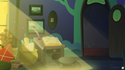 Size: 4700x2625 | Tagged: safe, artist:potato22, imported from derpibooru, pony, a pile of objects, background recreation, book, inkwell, kite, light beams, no pony, paper, quill, realistic shading, room, scroll, solo, starlight's room, table