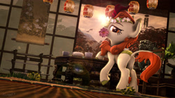 Size: 3840x2160 | Tagged: safe, artist:calveen, imported from derpibooru, autumn blaze, bird, dove, kirin, 3d, autumn, bedroom eyes, bonsai, butt, chair, cup, evening, female, flower, flower in hair, flower in mouth, food, japan, katana, lantern, looking at you, mountain, mouth hold, plant, plot, raised hoof, rock, sand, scroll, solo, source filmmaker, statue, sword, table, tea, teacup, teapot, temple, tree, unshorn fetlocks, wallpaper, weapon, wind chime, zen garden