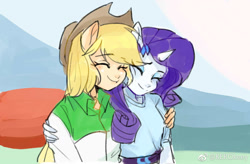Size: 1492x981 | Tagged: safe, artist:keeerooooo1, imported from derpibooru, applejack, rarity, human, best gift ever, equestria girls, belt, clothes, cowboy hat, cute, daaaaaaaaaaaw, eared humanization, equestria girls interpretation, female, hat, horned humanization, hug, humanized, jackabetes, lesbian, ponied up, raribetes, rarijack, scene interpretation, shipping, smiling, stetson, weapons-grade cute