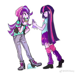 Size: 1310x1281 | Tagged: safe, artist:keeerooooo1, imported from derpibooru, starlight glimmer, twilight sparkle, equestria girls, mirror magic, spoiler:eqg specials, beanie, boots, clothes, dropped ice cream, food, hat, ice cream, leg warmers, pants, pleated skirt, shirt, shoes, simple background, skirt, white background