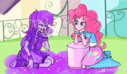 Size: 2259x1330 | Tagged: safe, artist:keeerooooo1, imported from derpibooru, pinkie pie, rainbow dash, equestria girls, pinkie on the one, rainbow rocks, boots, clothes, compression shorts, covered, eyes closed, glitter, open mouth, purple, purple dash, scene interpretation, shoes, shorts, skirt, smiling