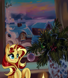 Size: 2700x3080 | Tagged: safe, artist:xjenn9, imported from derpibooru, sunset shimmer, pony, unicorn, cute, cyrillic, female, mare, russian, snow, solo, translated in the comments
