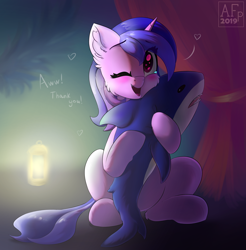 Size: 2924x2970 | Tagged: safe, artist:airfly-pony, derpibooru exclusive, imported from derpibooru, sea swirl, seafoam, pony, shark, unicorn, background pony, blåhaj, cheek fluff, cuddling, cute, ear fluff, female, happy, heart, mare, one eye closed, open mouth, plushie, present, rcf community, seadorable, shark plushie, smiling, solo, teeth, tongue out, wink, ych result