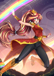 Size: 1240x1754 | Tagged: safe, alternate version, artist:adsouto, imported from derpibooru, sunset shimmer, human, equestria girls, armpits, badass, boots, clothes, crystal guardian, female, geode of empathy, high heel boots, humanized, jumping, looking at you, magical geodes, ponied up, rainbow, shoes, smiling, solo
