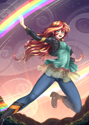 Size: 1240x1754 | Tagged: safe, artist:adsouto, imported from derpibooru, sunset shimmer, human, equestria girls, anime, badass, boots, clothes, female, geode of empathy, humanized, jacket, jewelry, jumping, leather jacket, looking at you, magical geodes, midriff, necklace, rainbow, shoes, smiling, solo