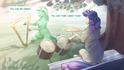 Size: 3840x2162 | Tagged: safe, artist:icychamber, imported from derpibooru, bon bon, lyra heartstrings, sweetie drops, earth pony, pony, unicorn, fanfic:bon bon bon bon bon bon, bench, dock, drums, duo, fanfic art, harp, hoers, hoof hold, musical instrument, smiling, tree