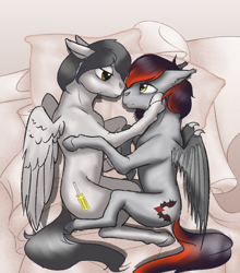 Size: 2200x2500 | Tagged: artist needed, safe, imported from derpibooru, oc, oc:ion sparkplug, oc:toshiro, bat pony, pegasus, pony, vampire, vampony, bat pony oc, gay, lust, male, obsession, shipping, stallion