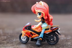 Size: 6000x4000 | Tagged: safe, artist:artofmagicpoland, imported from derpibooru, sunset shimmer, equestria girls, doll, equestria girls minis, female, irl, motorcycle, photo, solo, song reference, toy
