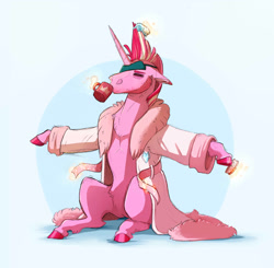Size: 2000x1960 | Tagged: safe, artist:vindhov, imported from derpibooru, oc, oc only, oc:riposte, pony, unicorn, abstract background, bathrobe, brush, clothes, comb, eyes closed, five o'clock shadow, male, morning ponies, offspring, parent:princess cadance, parent:shining armor, parents:shiningcadance, robe, sleep mask, solo, stallion