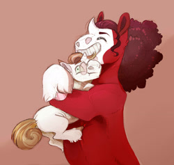 Size: 1680x1590 | Tagged: safe, artist:vindhov, imported from derpibooru, oc, oc only, oc:petit choux, oc:red velvet, pony, unicorn, bald face, blaze (coat marking), coat markings, colored sketch, curved horn, eyes closed, facial markings, female, glasses, horn, hug, larger female, male, mare, missing cutie mark, oc x oc, offspring, offspring shipping, parent:donut joe, parent:pinkie pie, parent:rarity, parent:trouble shoes, parent:troubleshoes clyde, parents:rarijoe, parents:trouble pie, red background, shipping, simple background, size difference, smaller male, smiling, stallion, straight, unshorn fetlocks