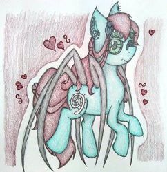 Size: 1187x1224 | Tagged: safe, artist:angelofthewisp, imported from derpibooru, oc, oc only, oc:arachness, monster pony, original species, pony, spiderpony, black sclera, colored sclera, ear piercing, earring, female, heart, jewelry, mare, multiple eyes, piercing, solo, traditional art
