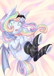 Size: 900x1273 | Tagged: safe, artist:yamikonek0, imported from derpibooru, oc, oc only, bat pony, pony, bat pony oc, bed, cute, heart eyes, rainbow hair, sexy, solo, underhoof, wingding eyes, ych result