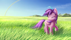 Size: 1024x576 | Tagged: safe, artist:jeremywithlove, imported from derpibooru, oc, oc only, oc:rainbow aroma, pegasus, pony, eyes closed, female, grass, grass field, mountain, rainbow, scenery, sky, smiling, solo