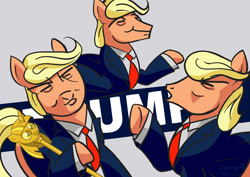 Size: 1023x726 | Tagged: safe, artist:jeremywithlove, imported from derpibooru, earth pony, pony, clothes, donald trump, drama bait, eyes closed, male, necktie, open mouth, politics, politics in the comments, ponified, raised hoof, scepter, shrug, solo, stallion, suit, twilight scepter, united states
