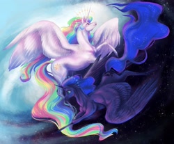 Size: 3856x3196 | Tagged: safe, artist:dragonspirit469, imported from derpibooru, princess celestia, princess luna, alicorn, pony, cutie mark, duo, female, flying, halo, long tail, mare, royal sisters, siblings, sisters, space, spread wings, stars, wings