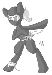 Size: 505x728 | Tagged: safe, artist:elppa, artist:elppajack, imported from derpibooru, oc, oc only, oc:ink drop, earth pony, pony, bipedal, monochrome, ninja, shuriken, solo