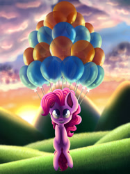 Size: 1280x1707 | Tagged: safe, artist:aquapegasus, imported from derpibooru, pinkie pie, earth pony, pony, balloon, cloud, female, floating, grass, mare, mountain, mountain range, open mouth, sky, smiling, solo, sunrise, then watch her balloons lift her up to the sky