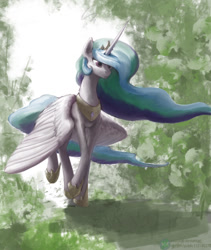 Size: 764x907 | Tagged: safe, artist:xxkrutoy, imported from derpibooru, princess celestia, alicorn, pony, female, forest, jewelry, lidded eyes, mare, nature, neck fluff, painting, raised hoof, raised leg, signature, smiling, solo, spread wings, tiara, walking, windswept mane, wing fluff, wings
