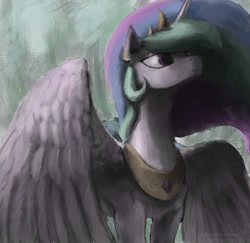 Size: 1106x1075 | Tagged: dead source, safe, artist:xxkrutoy, imported from derpibooru, princess celestia, alicorn, pony, female, mare, painting, signature, simple background, solo, wings