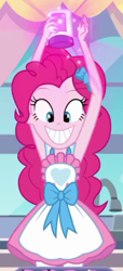 Size: 334x732 | Tagged: safe, imported from derpibooru, screencap, pinkie pie, equestria girls, equestria girls series, the craft of cookies, spoiler:eqg series (season 2), apron, armpits, arms in the air, clothes, cropped, female, food, goofy grin, grin, smiling, solo, sprinkles, teeth