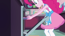 Size: 1280x720 | Tagged: safe, imported from derpibooru, screencap, pinkie pie, equestria girls, equestria girls series, the craft of cookies, spoiler:eqg series (season 2), apron, baking, clothes, female, oven, photo, solo