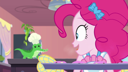 Size: 1280x720 | Tagged: safe, imported from derpibooru, screencap, gummy, pinkie pie, equestria girls, equestria girls series, the craft of cookies, spoiler:eqg series (season 2), baking, baking sheet, chef's hat, hat, plushie