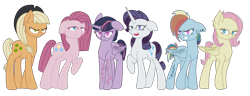 Size: 2374x910 | Tagged: safe, artist:irennecalder, imported from derpibooru, mean applejack, mean fluttershy, mean pinkie pie, mean rainbow dash, mean rarity, mean twilight sparkle, alicorn, earth pony, pegasus, pony, unicorn, icey-verse, the mean 6, alternate hairstyle, clone, clone six, commission, cowboy hat, ear fluff, ear piercing, earring, eye scar, female, hat, headcanon, jewelry, mare, open mouth, piercing, raised hoof, scar, short hair, short mane, sidecut, simple background, tattoo, transparent background, undercut