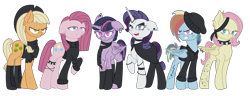 Size: 2374x910 | Tagged: safe, alternate version, artist:irennecalder, imported from derpibooru, mean applejack, mean fluttershy, mean pinkie pie, mean rainbow dash, mean rarity, mean twilight sparkle, alicorn, earth pony, pegasus, pony, unicorn, icey-verse, the mean 6, alternate hairstyle, anklet, bandana, beanie, boots, bracelet, cape, choker, clone, clone six, clothes, commission, cowboy hat, ear fluff, ear piercing, earring, eye scar, eyeshadow, female, gloves, hat, headcanon, hoodie, horn ring, jewelry, makeup, mare, open mouth, piercing, raised hoof, scar, scarf, shirt, shoes, short hair, short mane, sidecut, simple background, socks, spiked choker, spiked wristband, stockings, tattoo, thigh highs, transparent background, undercut, wristband