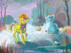 Size: 2300x1708 | Tagged: safe, artist:dearmary, imported from derpibooru, oc, oc only, oc:anonymous sandwich, pegasus, pony, glasses, male, scenery, snow, snow kirin, solo, stallion, winter