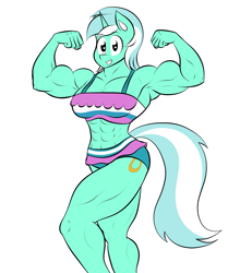 Size: 1381x1648 | Tagged: safe, artist:matchstickman, imported from derpibooru, lyra heartstrings, anthro, unicorn, abs, armpits, biceps, breasts, busty lyra heartstrings, clothes, deltoids, female, flexing, looking at you, lyra hamstrings, mare, muscles, simple background, solo, swimsuit, thunder thighs, white background